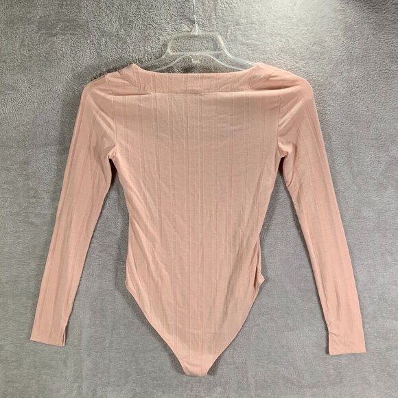 Forever 21 Bodysuit Women's Medium Pink Long Sleeve Ribbed Knit Square Neck - Picture 2 of 7